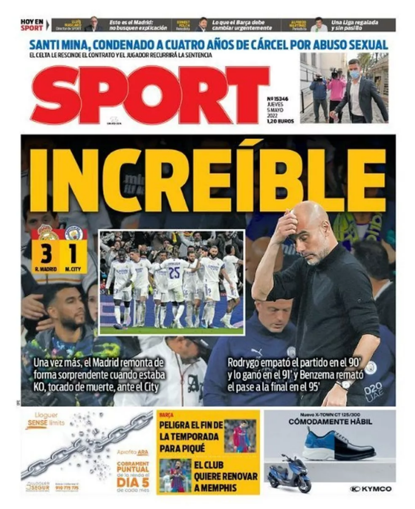 Jornal Sport destaca a virada incrível do Real Madrid sobre o City de Pep Guardiola. (Foto: Reprodução)