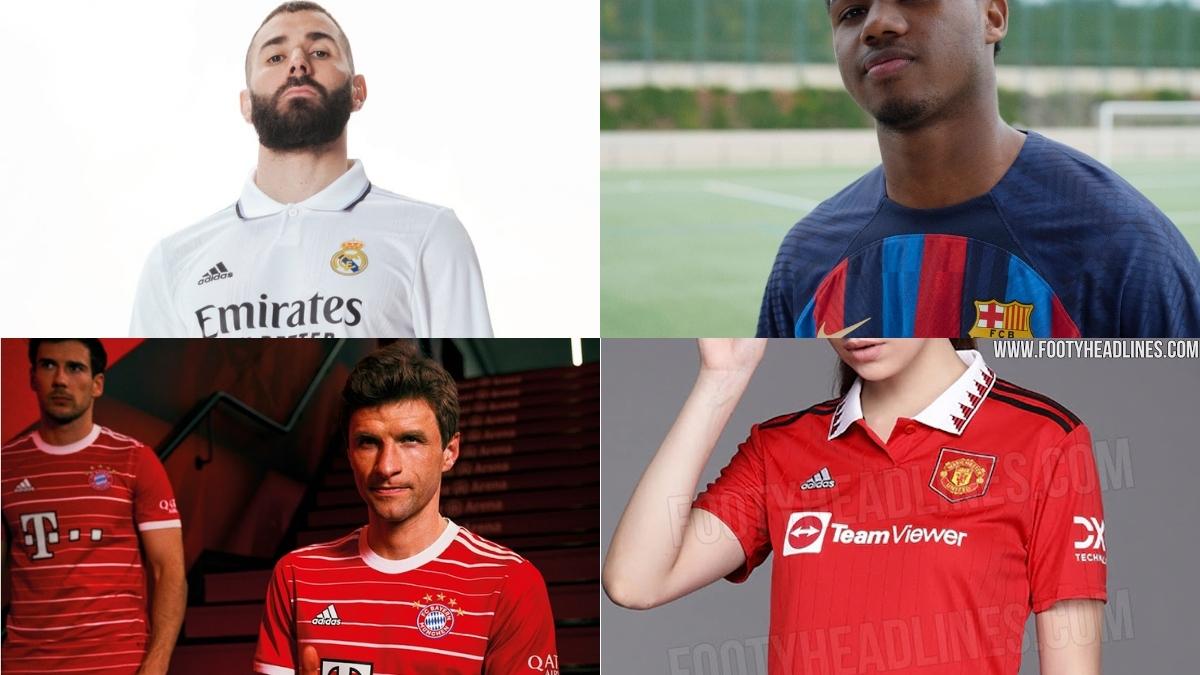 Camisas de 'casa' dos times europeus da Temporada 2022-23 Atlético de Madrid, Barça e Real Madrid. Camisas e uniformes de times europeus.