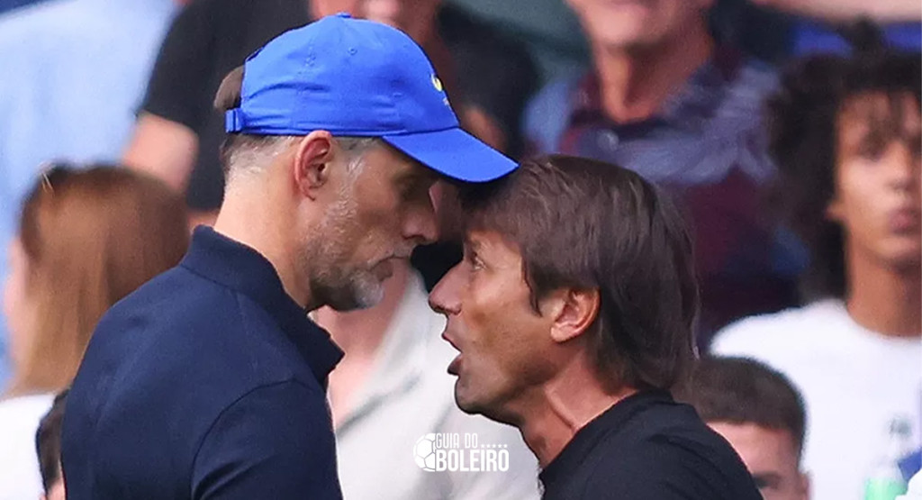 Conte e Tuchel brigam durante Chelsea x Tottenham no Stamford Bridge, pela Premier League. (Foto: Reprodução)